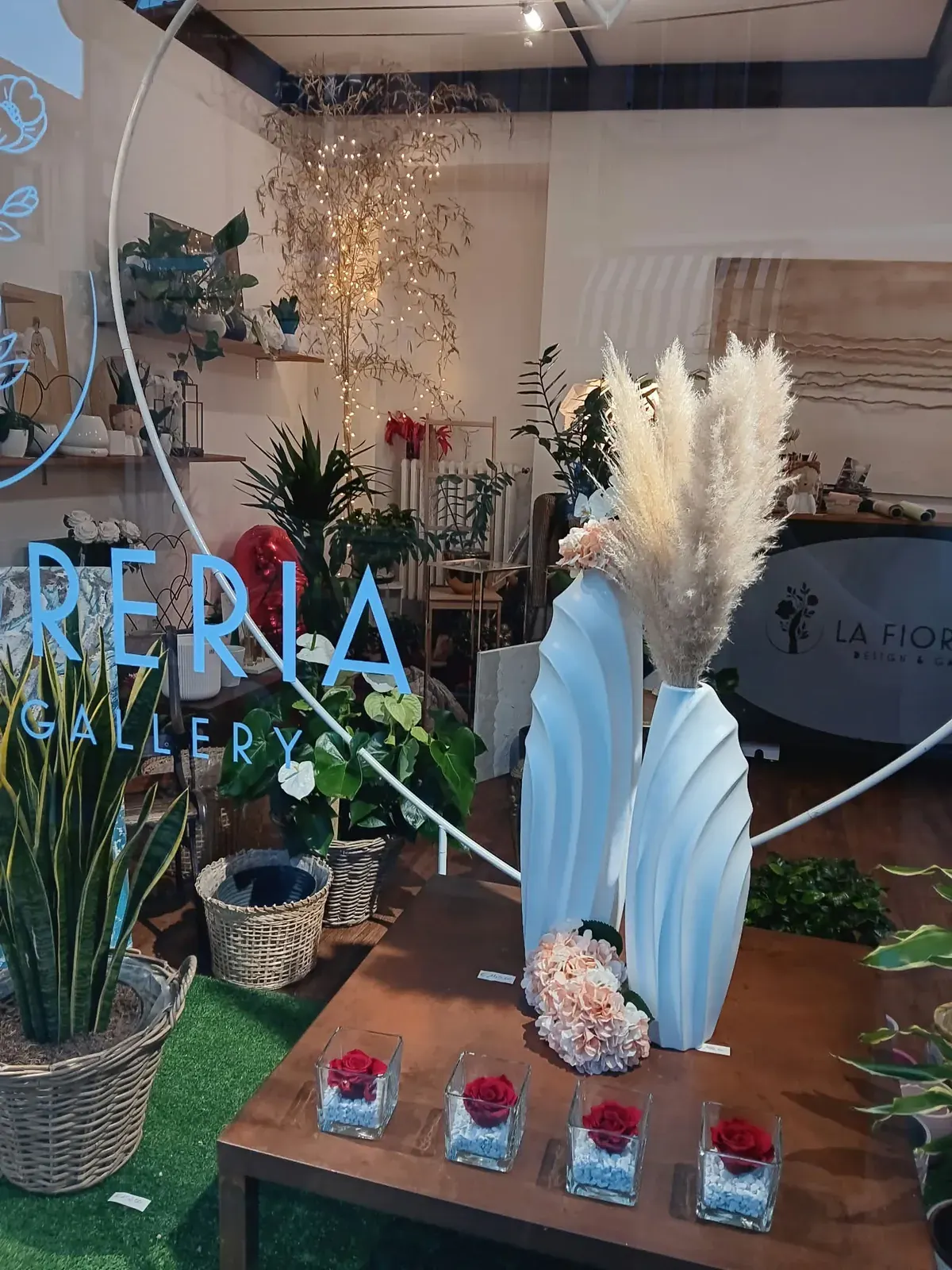 Vetrina della Fioreria con piante e decorazioni