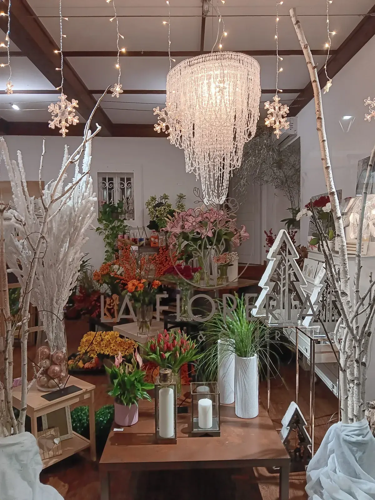 Interno della bottega con fiori, piante e lampadario