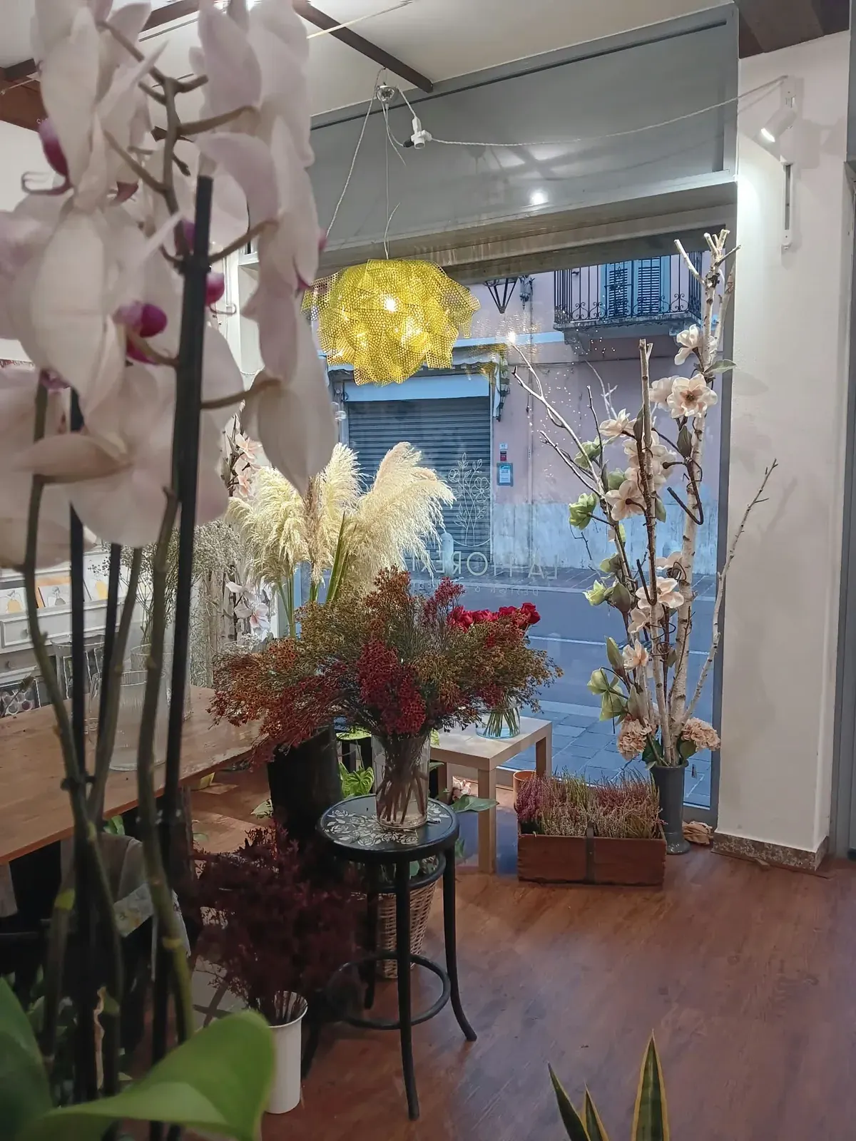 Ingresso della bottega con orchidee e fiori